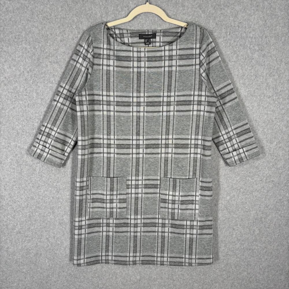Primark Dress 8 Gray Plaid Shirt Mini Pocket 3/4 Sleeve Career Office Church